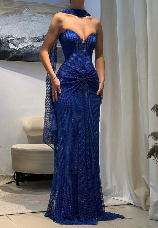 Glitter Mermaid Strapless Sleeveless Lace Up Floor-Length Evening Dress