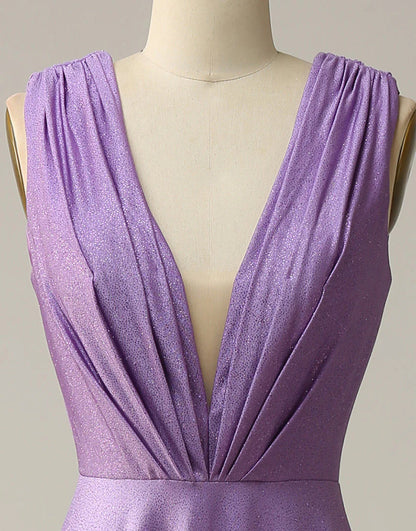 A Line Deep V Neck Purple Sleeveless Long Prom Dress Court Train Dresses