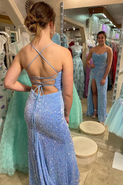 Glitters Mermaid Cowl Neck Sleeveless Ruched Sequins Floor-Length Prom Dress