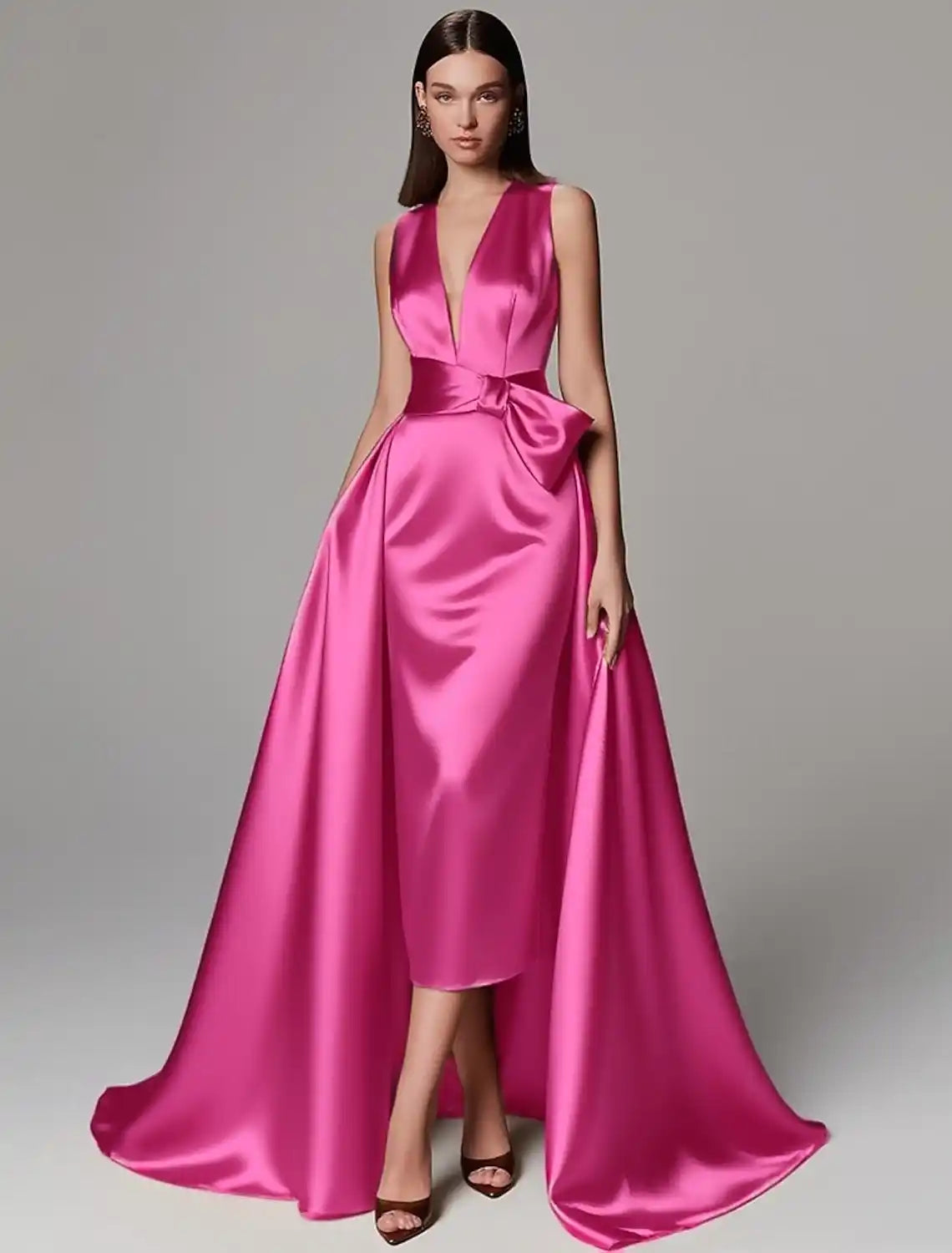 Gold Green A-Line Evening Gown Elegant Dress Formal Wedding Floor Length Sleeveless V Neck Champagne Mother Of the Bride Dress Stretch Satin with Bow(s) Pleats