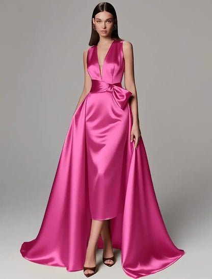 Gold Green A-Line Evening Gown Elegant Dress Formal Wedding Floor Length Sleeveless V Neck Champagne Mother Of the Bride Dress Stretch Satin with Bow(s) Pleats