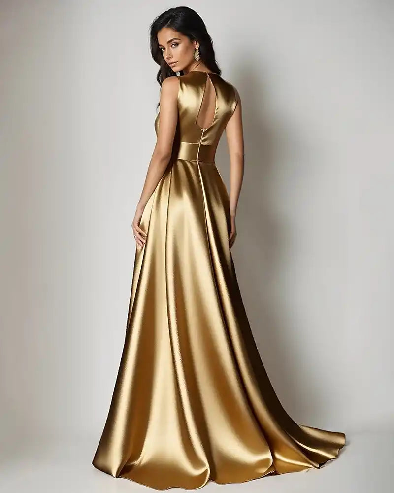 Gold Green A-Line Evening Gown Elegant Dress Formal Wedding Floor Length Sleeveless V Neck Champagne Mother Of the Bride Dress Stretch Satin with Bow(s) Pleats
