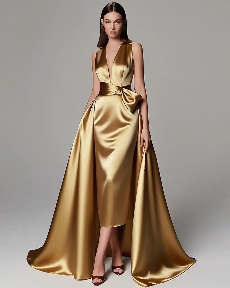 Gold Green A-Line Evening Gown Elegant Dress Formal Wedding Floor Length Sleeveless V Neck Champagne Mother Of the Bride Dress Stretch Satin with Bow(s) Pleats