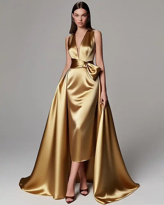 Gold Green A-Line Evening Gown Elegant Dress Formal Wedding Floor Length Sleeveless V Neck Champagne Mother Of the Bride Dress Stretch Satin with Bow(s) Pleats