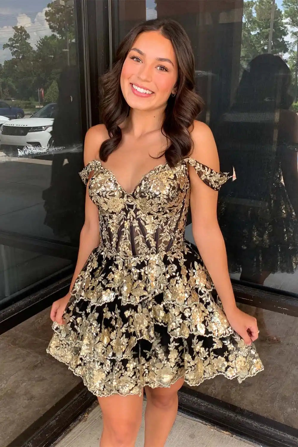 Gold Ruffle Homecoming Dress with Sequin