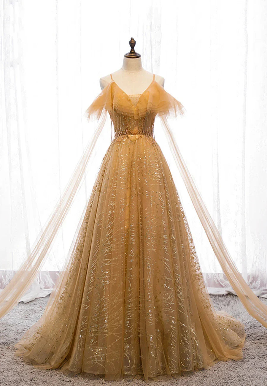 Gold V-Neck Tulle Long Prom Dresses A-Line Evening Dresses
