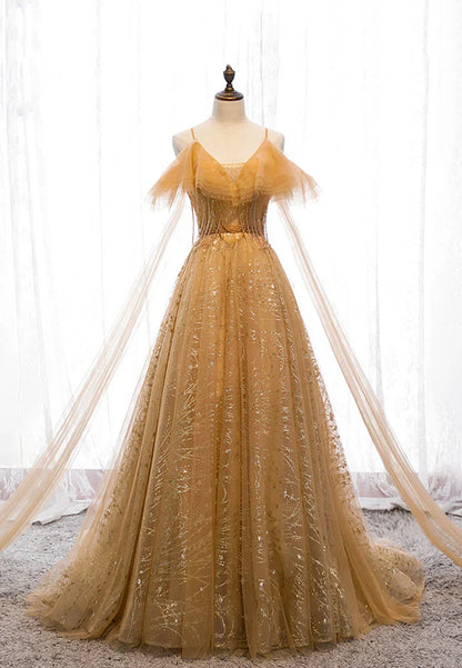 Gold V-Neck Tulle Long Prom Dresses A-Line Evening Dresses