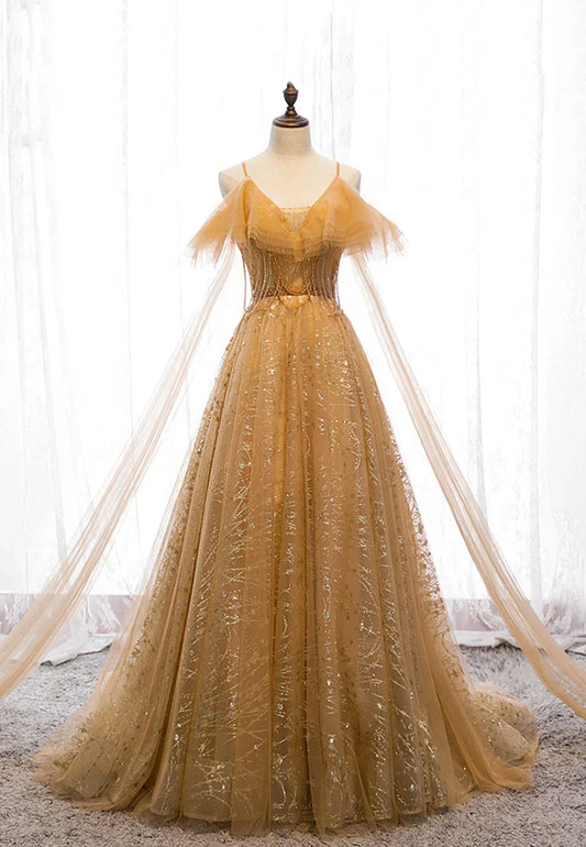 Gold V-Neck Tulle Long Prom Dresses A-Line Evening Dresses