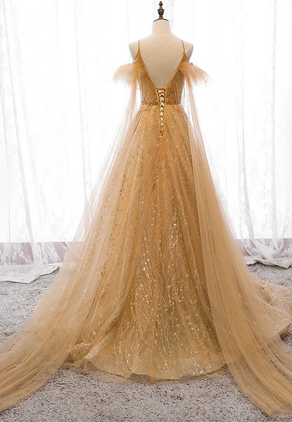 Gold V-Neck Tulle Long Prom Dresses A-Line Evening Dresses