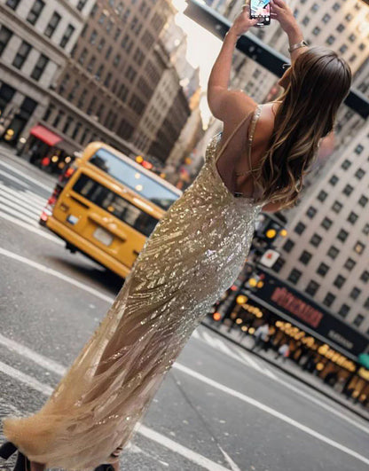 Sparkly Gold Beaded Spaghetti Straps Backless Long Prom Dress with Slit