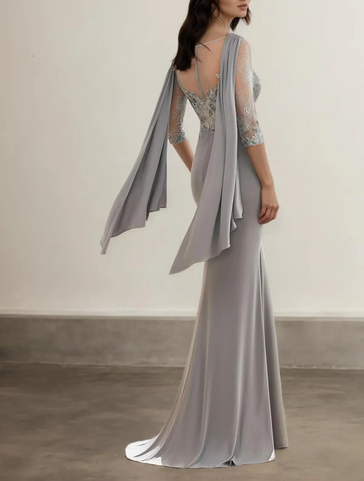 Gorgeous Mermaid Cowl Neck Lace Sleeve Zipper Back Floor - length Bridesmaid Dress