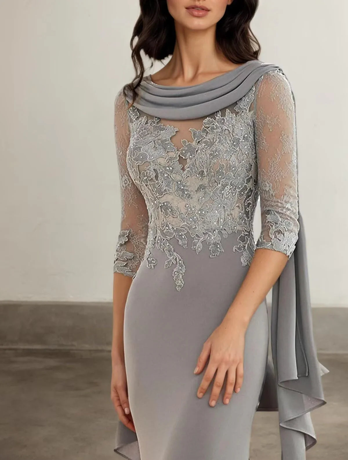 Gorgeous Mermaid Cowl Neck Lace Sleeve Zipper Back Floor - length Bridesmaid Dress