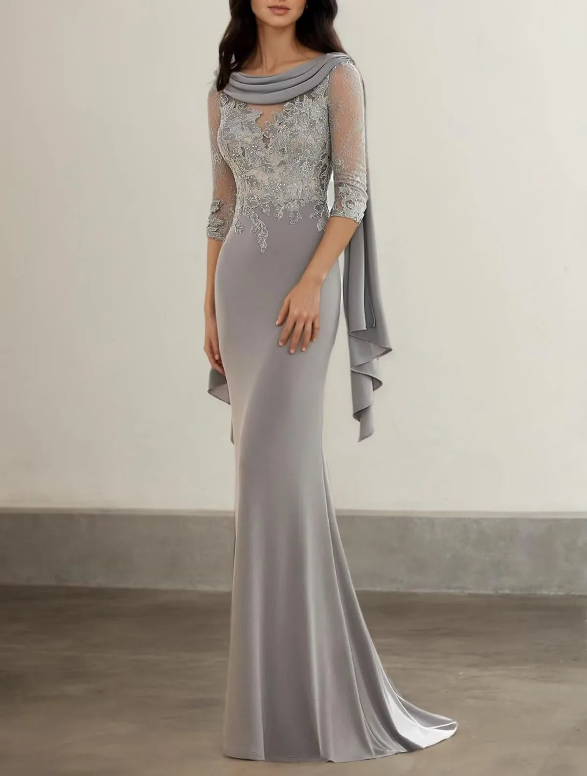 Gorgeous Mermaid Cowl Neck Lace Sleeve Zipper Back Floor - length Bridesmaid Dress