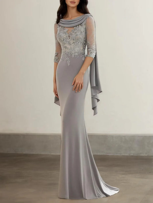 Gorgeous Mermaid Cowl Neck Lace Sleeve Zipper Back Floor - length Bridesmaid Dress