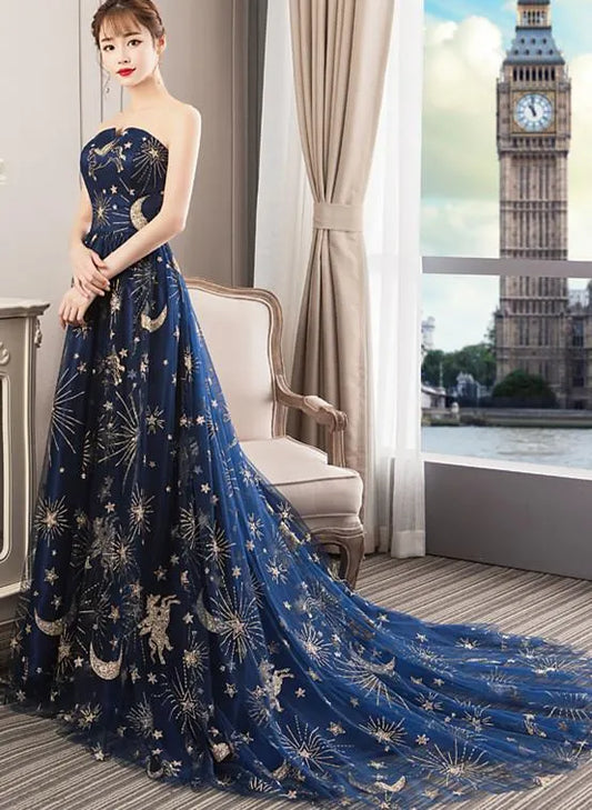 Gorgeous A-Line Off Shoulder Sleeveless Tulle Sweep Train Prom Dress