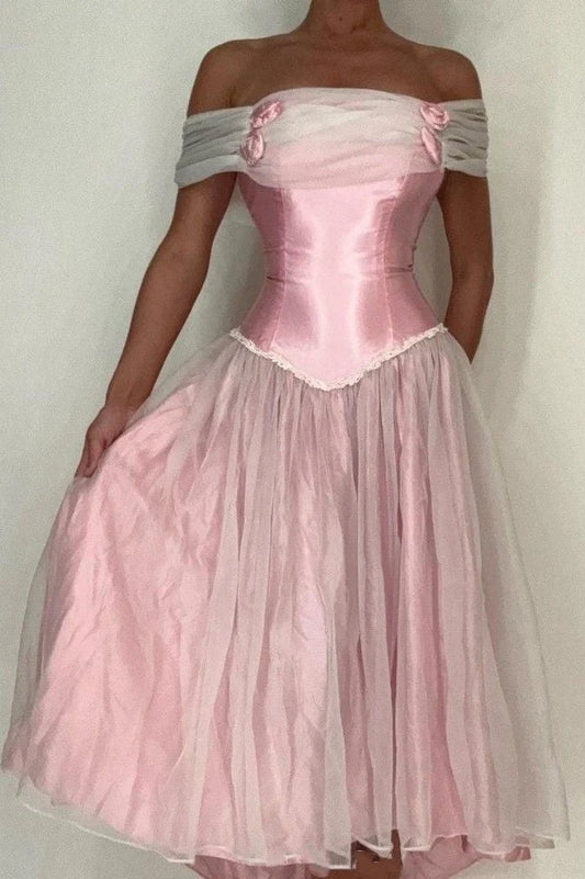 Gorgeous A-Line Off the Shoulder Sleeveless Lace Up Tea-Length Prom Dress