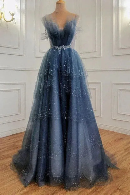 Gorgeous A-line Off the Shoulder Sleeveless Tulle Floor-Length Backless Prom Dress
