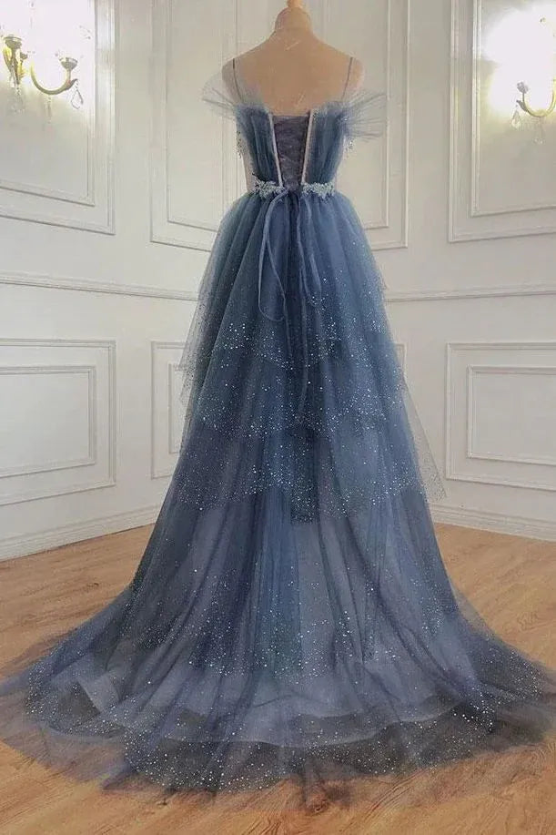 Gorgeous A-line Off the Shoulder Sleeveless Tulle Floor-Length Backless Prom Dress