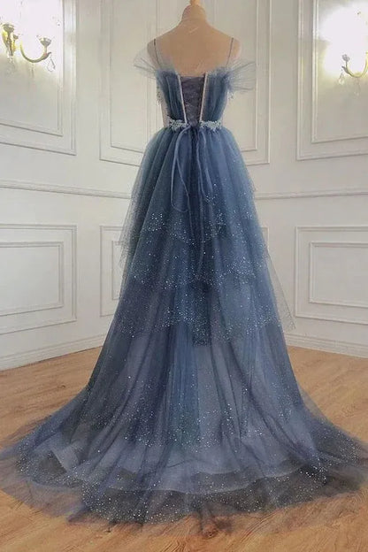 Gorgeous A-line Off the Shoulder Sleeveless Tulle Floor-Length Backless Prom Dress