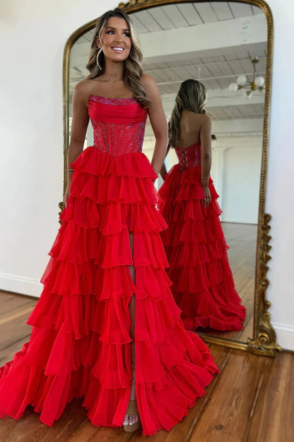 Gorgeous A Line Strapless Daffodial Tiered Chiffon Long Prom Evening Dresses
