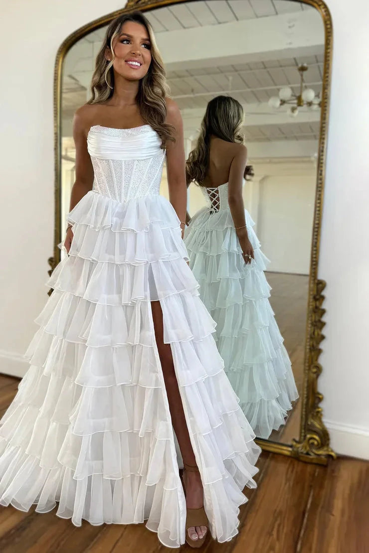 Gorgeous A Line Strapless Daffodial Tiered Chiffon Long Prom Evening Dresses