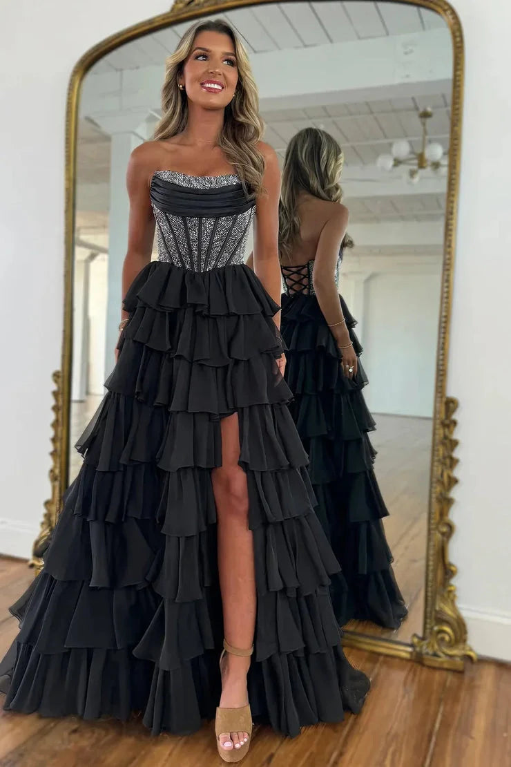 Gorgeous A Line Strapless Daffodial Tiered Chiffon Long Prom Evening Dresses