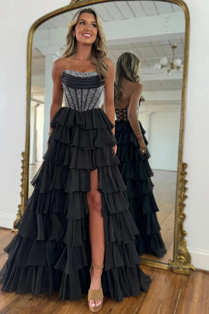 Gorgeous A Line Strapless Daffodial Tiered Chiffon Long Prom Evening Dresses