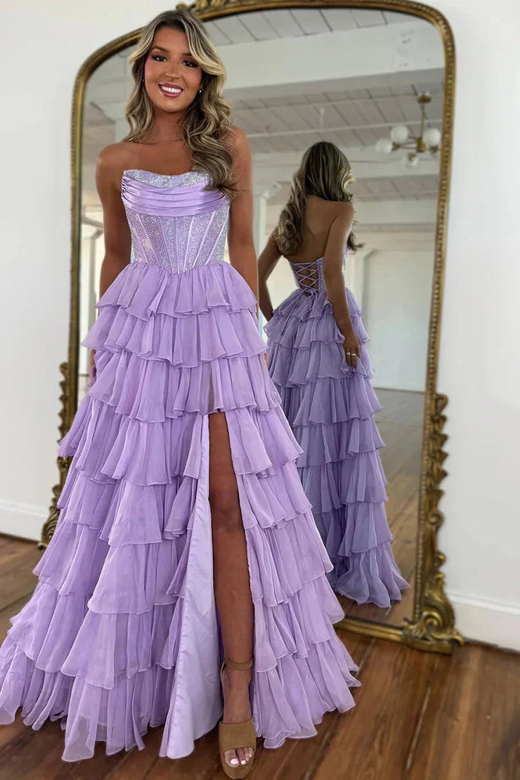 Gorgeous A Line Strapless Daffodial Tiered Chiffon Long Prom Evening Dresses