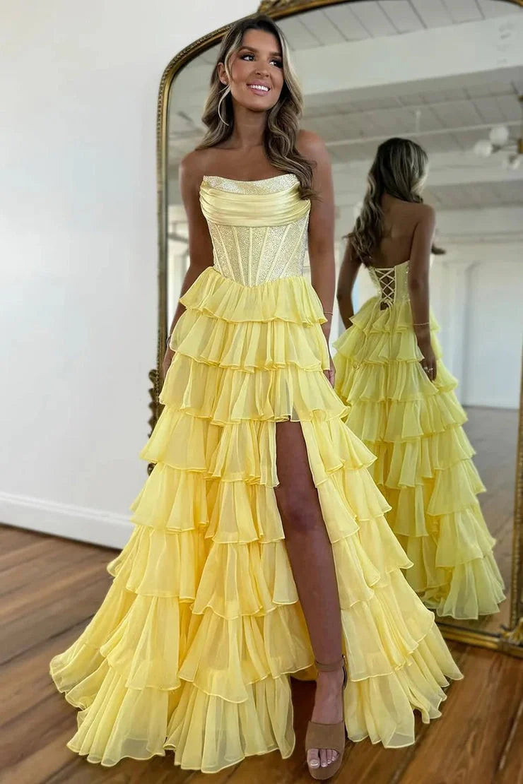 Gorgeous A Line Strapless Daffodial Tiered Chiffon Long Prom Evening Dresses