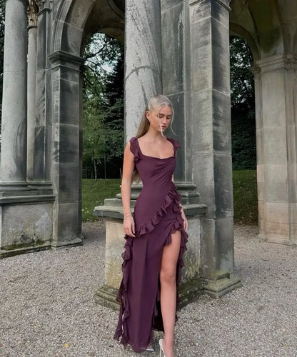 Gorgeous A line Square Neck Sleeveless Pleated Chiffon Floor-Length Prom Dress