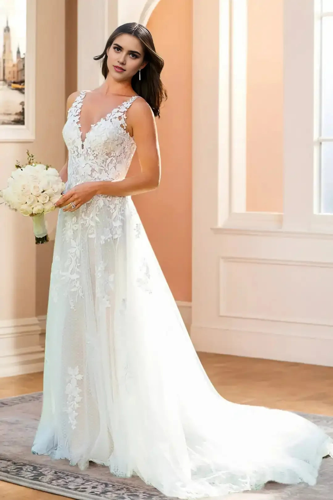 Gorgeous Appliques V Neck Sleeveless Wedding Dresses with Sweep Train
