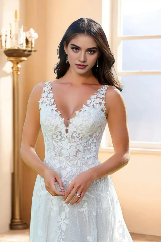 Gorgeous Appliques V Neck Sleeveless Wedding Dresses with Sweep Train