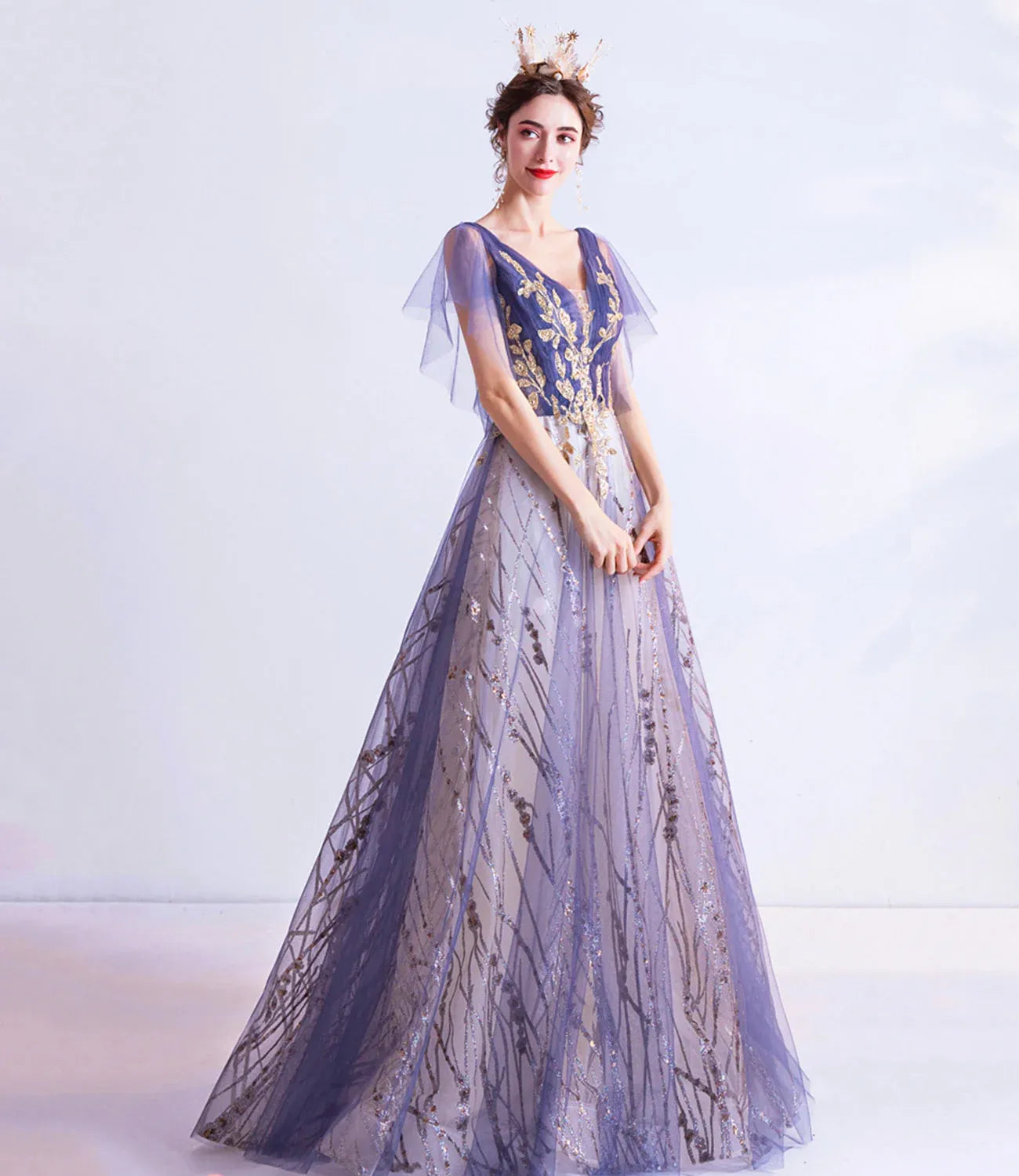 Gorgeous Ball Gown V Neck Flutter Sleeve Tulle Floor-Length Prom Dress