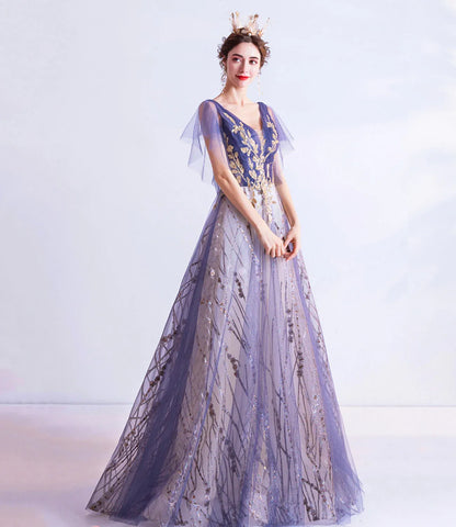 Gorgeous Ball Gown V Neck Flutter Sleeve Tulle Floor-Length Prom Dress