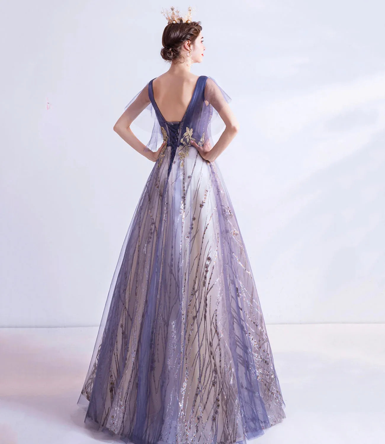 Gorgeous Ball Gown V Neck Flutter Sleeve Tulle Floor-Length Prom Dress