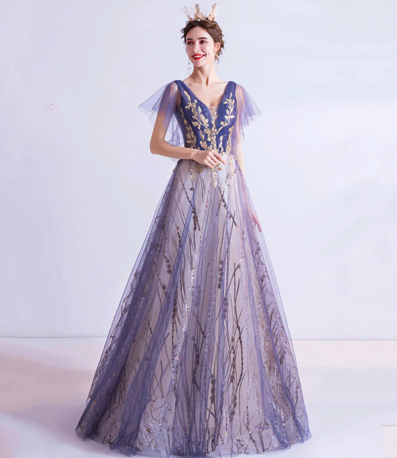 Gorgeous Ball Gown V Neck Flutter Sleeve Tulle Floor-Length Prom Dress