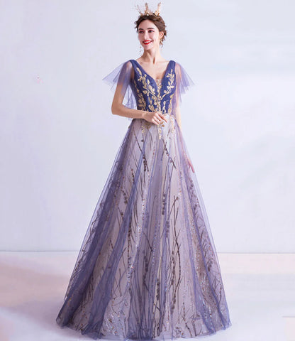 Gorgeous Ball Gown V Neck Flutter Sleeve Tulle Floor-Length Prom Dress
