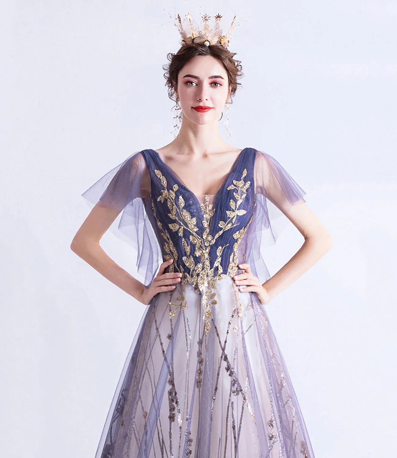 Gorgeous Ball Gown V Neck Flutter Sleeve Tulle Floor-Length Prom Dress