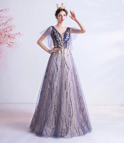 Gorgeous Ball Gown V Neck Flutter Sleeve Tulle Floor-Length Prom Dress