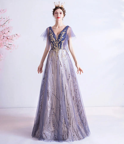 Gorgeous Ball Gown V Neck Flutter Sleeve Tulle Floor-Length Prom Dress