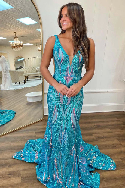 Gorgeous Blue Sequin Prom Dress