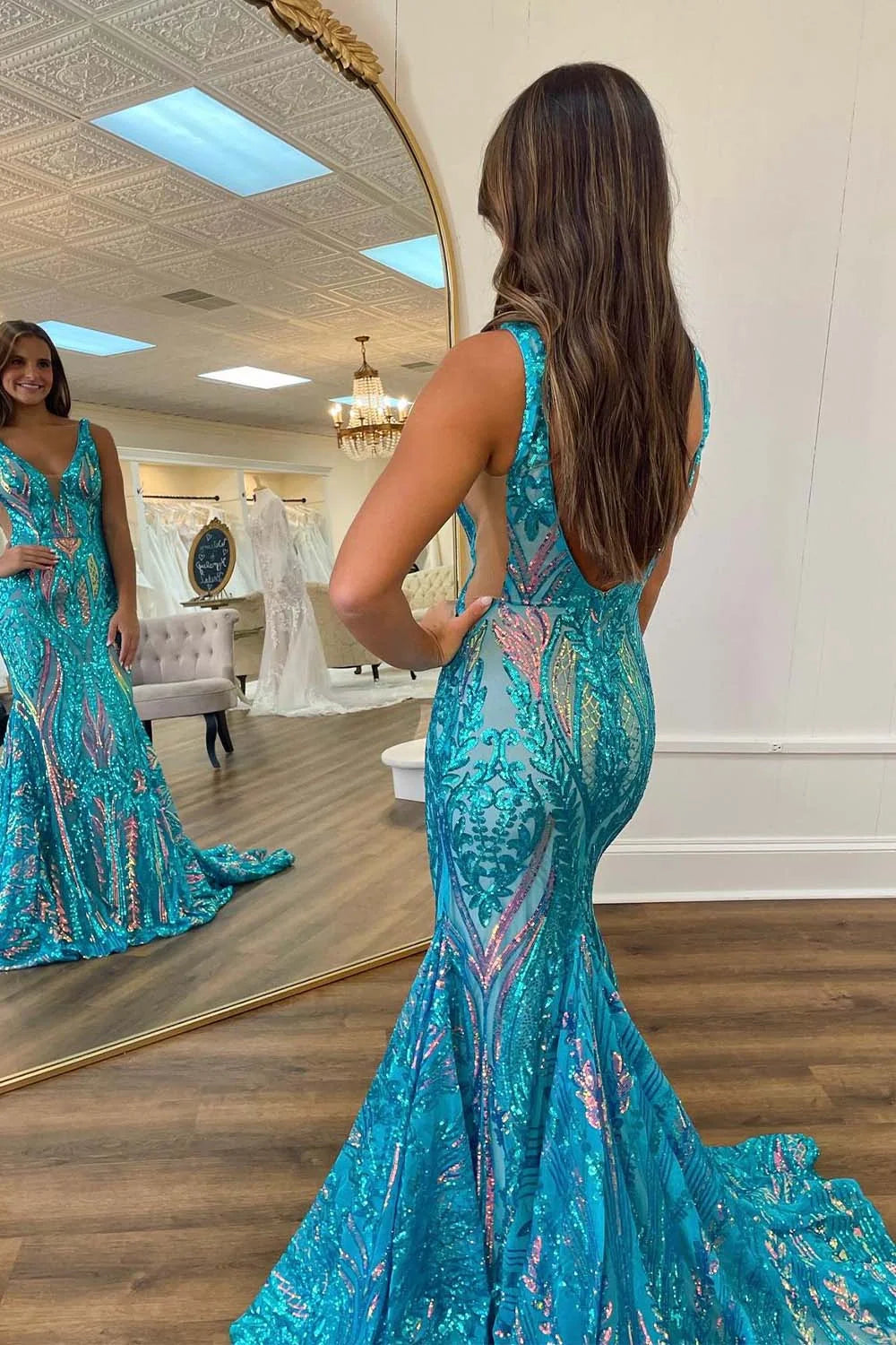 Gorgeous Blue Sequin Prom Dress
