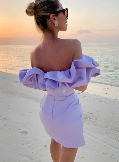 Gorgeous Bodycon Off-Shoulder Ruffle Satin Lavender Short Homecoming Dress