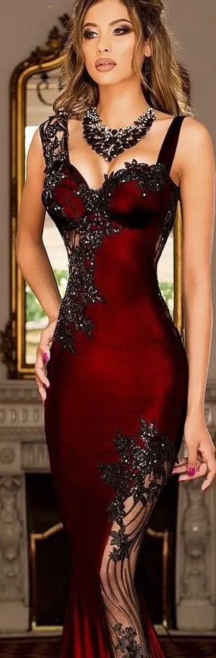 Gorgeous Bodycon V Neck Sleeveless Applique Velvet Sweep/Brush Train Prom Dress