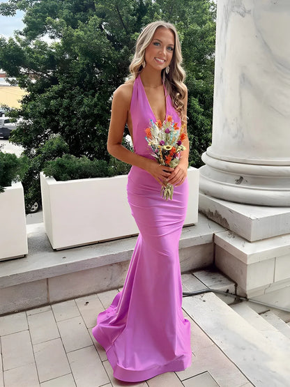 Gorgeous Halter Neck Sleeveless Mermaid Satin Pleated Long Prom Dress