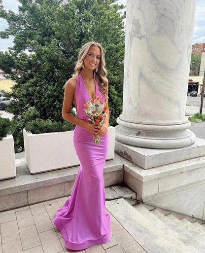 Gorgeous Halter Neck Sleeveless Mermaid Satin Pleated Long Prom Dress