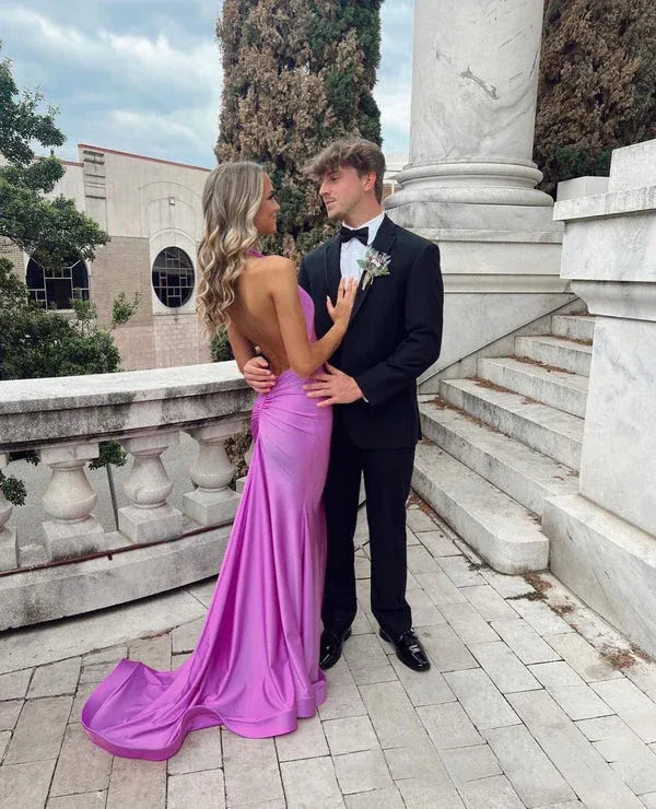 Gorgeous Halter Neck Sleeveless Mermaid Satin Pleated Long Prom Dress