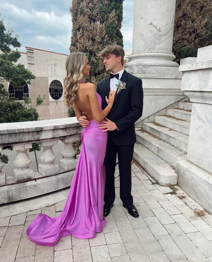 Gorgeous Halter Neck Sleeveless Mermaid Satin Pleated Long Prom Dress