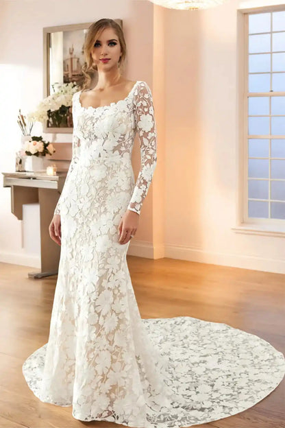 Gorgeous Lace Sweep Train Ivory Wedding Dress with Detachable Sleeves