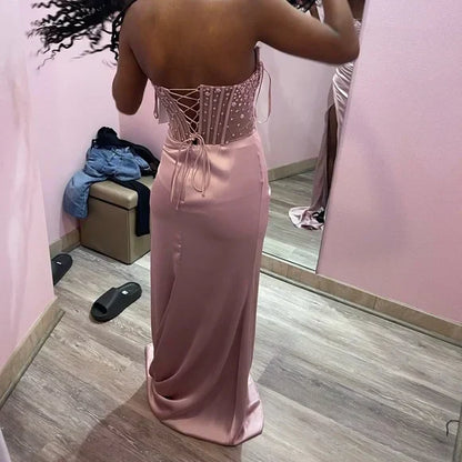 Gorgeous Mermaid/Trumpet Strapless Sleeveless Satin Lace Up Floor-Length Prom Dress